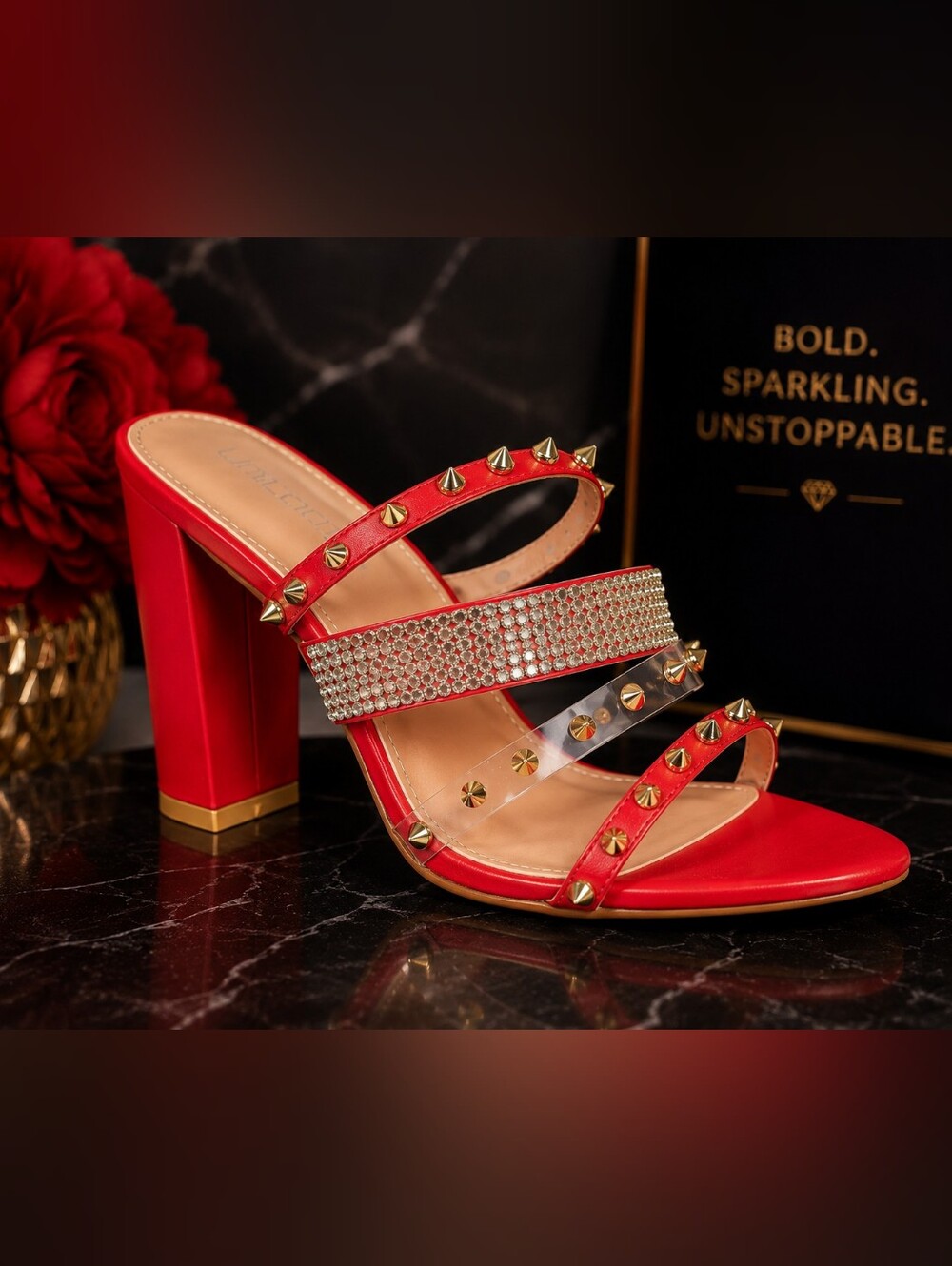 Unilady “Christine” Wine🍷 Rhinestone & Gold Stud Heels — Size 11 — New in Box
